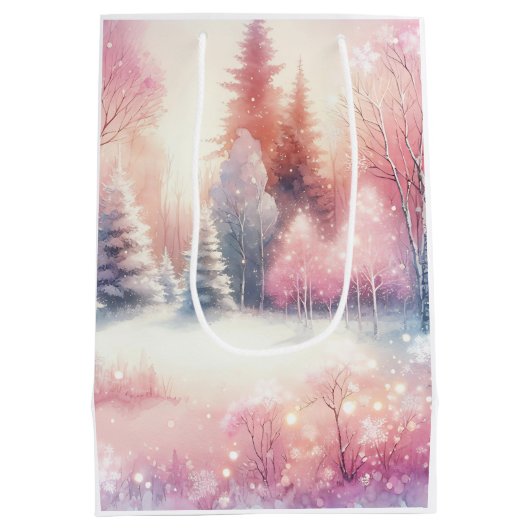 Roze Winter Wonderland Kerstmis Medium Cadeauzakje (Achterkant)