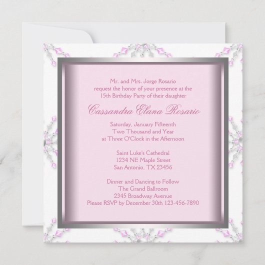 Roze Winter Wonderland Quinceanera Kaart (Achterkant)