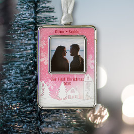 Roze Winter Wonderland Sneeuw Huizen Foto Verzilverd Omlijst Ornament