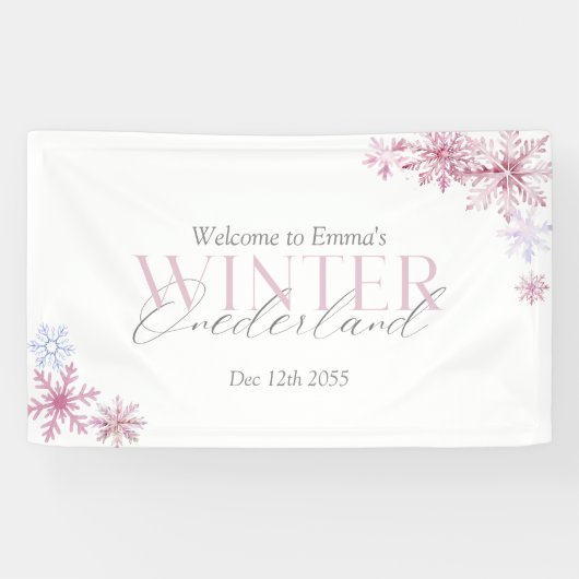 Roze Winter Wonderland Sneeuwvlok Eerste Verjaarda Spandoek (Horizontaal)