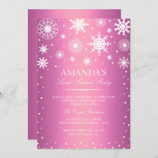 Roze Winter Wonderland Sweet 16 Uitnodiging (Voorkant / Achterkant)