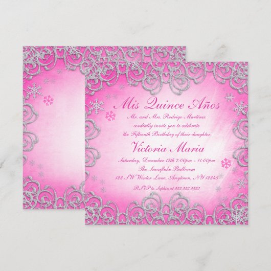 Roze Winter Wonderland Swirl Snowflake Quinceanera Kaart (Voorkant / Achterkant)