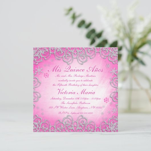 Roze Winter Wonderland Swirl Snowflake Quinceanera Kaart (Staand voorkant)