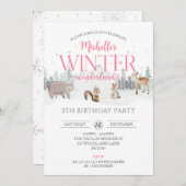 Roze Winter Wonderland Verjaardag, Meisje 5e Verja Kaart (Voorkant / Achterkant)