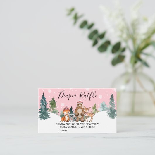 Roze Winter Woodland Baby shower Diaper Raffle Visitekaartje (Staand voorkant)