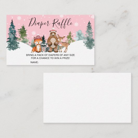 Roze Winter Woodland Baby shower Diaper Raffle Visitekaartje (Voorkant / Achterkant)
