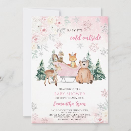 Roze Winter Woodland Baby shower Kaart (Voorkant)
