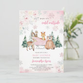 Roze Winter Woodland Baby shower Kaart (Staand voorkant)