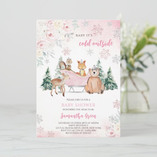 Roze Winter Woodland Baby shower Kaart (Staand voorkant)