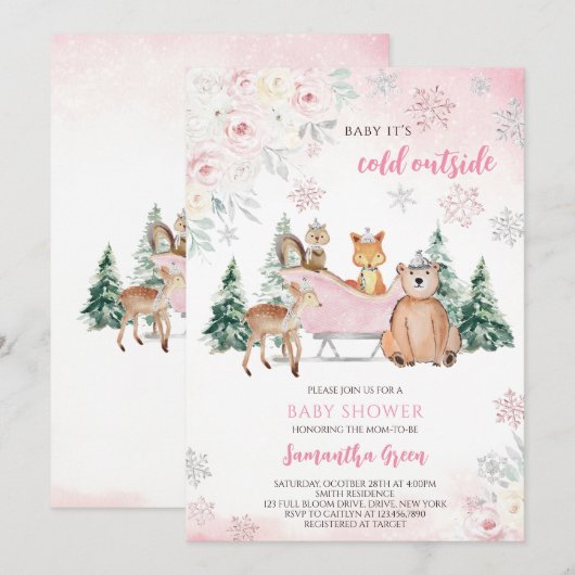 Roze Winter Woodland Baby shower Kaart (Voorkant / Achterkant)