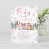 Roze Winter Woodland Baby shower Kaart (Staand voorkant)