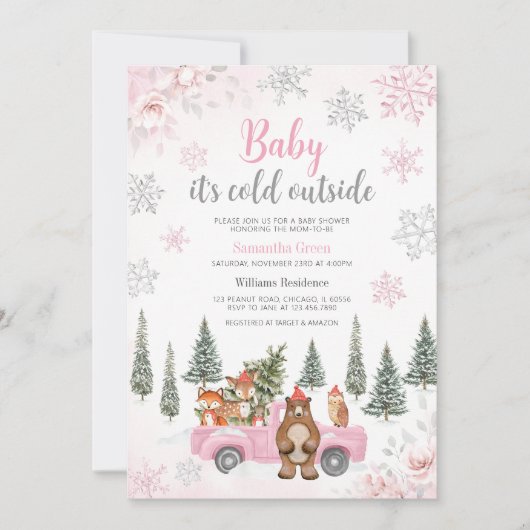 Roze Winter Woodland Baby shower Kaart (Voorkant)