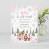 Roze Winter Woodland Baby shower Kaart (Staand voorkant)