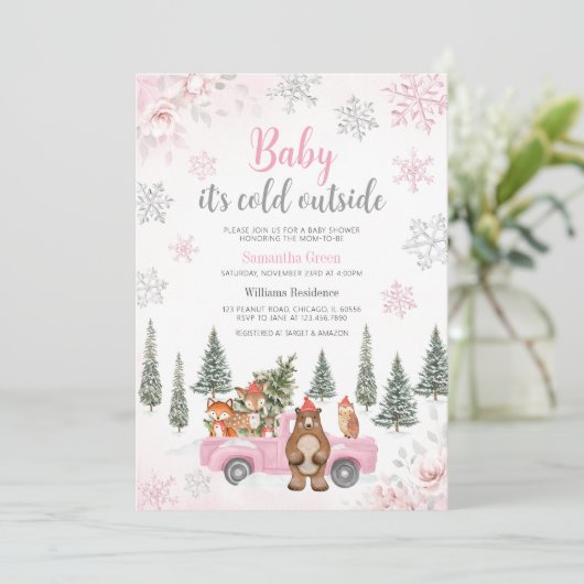 Roze Winter Woodland Baby shower Kaart (Staand voorkant)