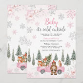 Roze Winter Woodland Baby shower Kaart (Voorkant / Achterkant)