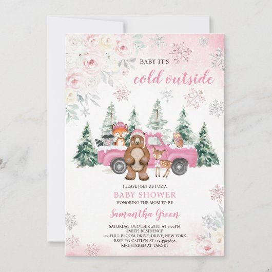 Roze Winter Woodland Baby shower Kaart (Voorkant)