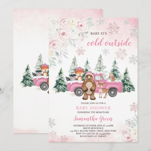 Roze Winter Woodland Baby shower Kaart (Voorkant / Achterkant)