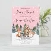 Roze Winter Woodland Baby shower Uitnodiging (Staand voorkant)