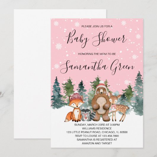 Roze Winter Woodland Baby shower Uitnodiging (Voorkant / Achterkant)