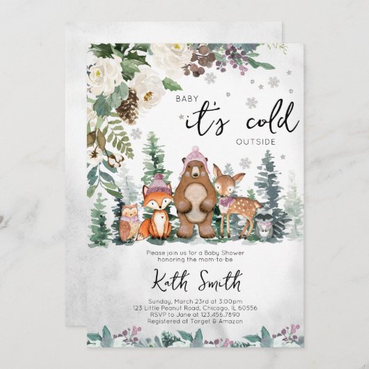 Roze Winter Woodland Baby shower Uitnodiging (Voorkant / Achterkant)