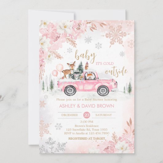 Roze Winter Woodland Truck Baby shower Kaart (Voorkant)