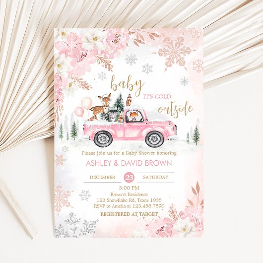 Roze Winter Woodland Truck Baby shower Kaart