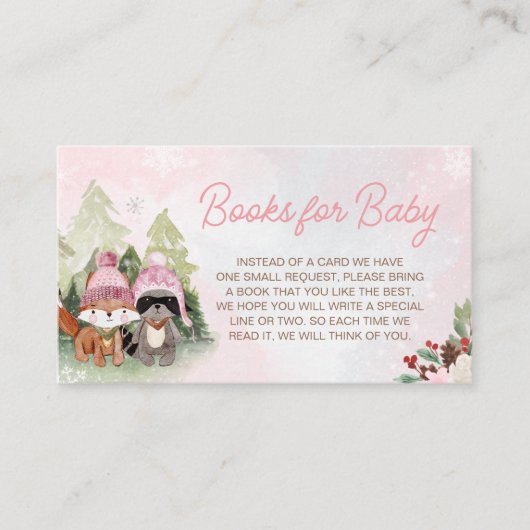 Roze Winterboboeken voor Baby shower van Baby Informatiekaartje (Voorkant)