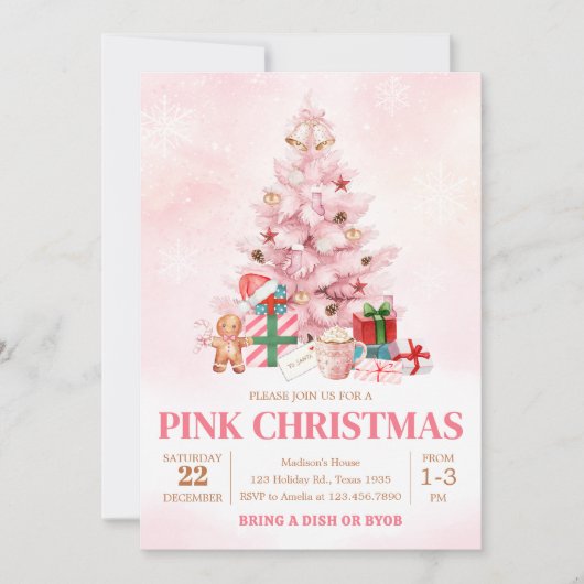 Roze Winterboom Kerstfeest Kaart (Voorkant)