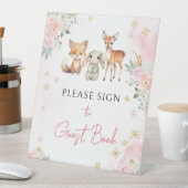 Roze winterbos baby shower gastenboek bord reclamebord met voetstuk (Insitu)