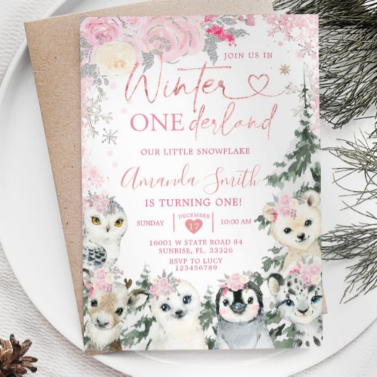 Roze winterdier Onederland Snowflake Birthday Kaart