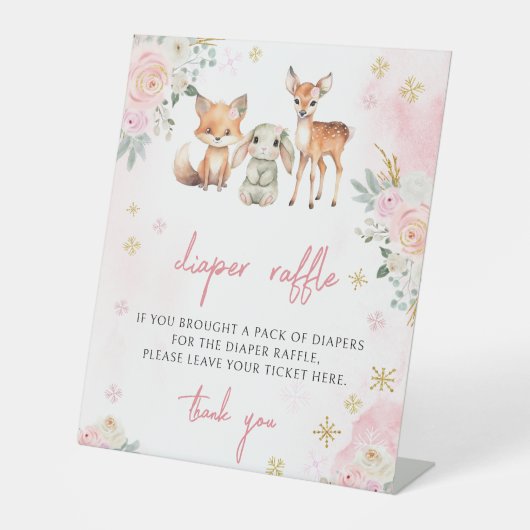 Roze winterdieren baby shower luier loterij teken reclamebord met voetstuk (Voorkant)