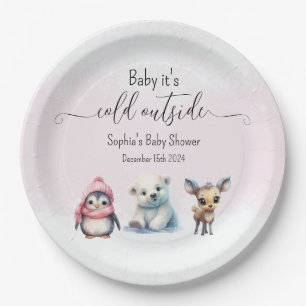 Roze winterdieren koud buiten Baby shower Papieren Bordje