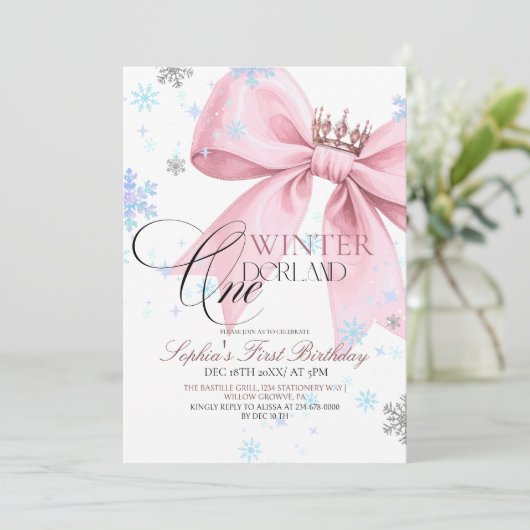 Roze Winteren Boog 1e Verjaardagsfeestje Kaart (Staand voorkant)