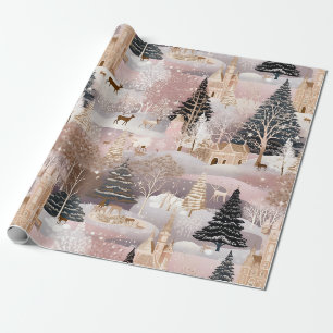 Roze Winterherten Fantasie Kasteellandschap (1) Cadeaupapier