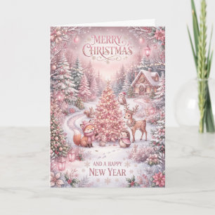 Roze winterhuisje herten kerstkaart kaart