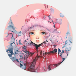 Roze Winterjas Schattige Big Eye Meisje Kerstmis Ronde Sticker
