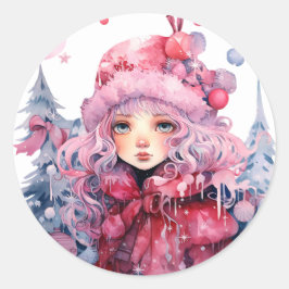Roze Winterjas Schattige Big Eyes Meisje Kerstsnee Ronde Sticker