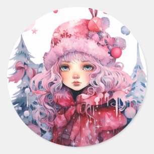 Roze Winterjas Schattige Big Eyes Meisje Kerstsnee Ronde Sticker