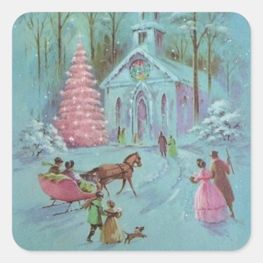 Roze Winterkerst Vierkante Sticker (Voorkant)