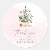 Roze winterkerstboom baby shower dank u ronde sticker (Voorkant)
