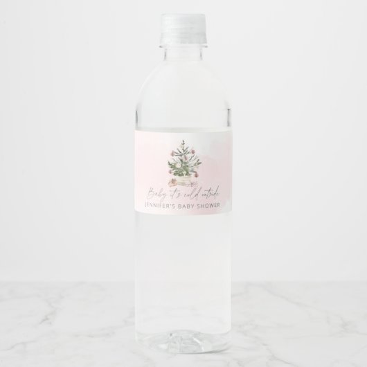 Roze winterkerstboom Water Bottle Label Waterfles Etiket (Voorkant)