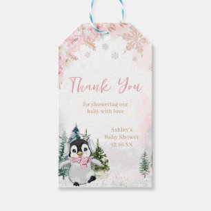 Roze Winterpinguïn Baby shower Favor Tags Cadeaulabel