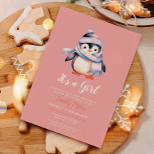 Roze Winterpinguïn Baby shower Invitation