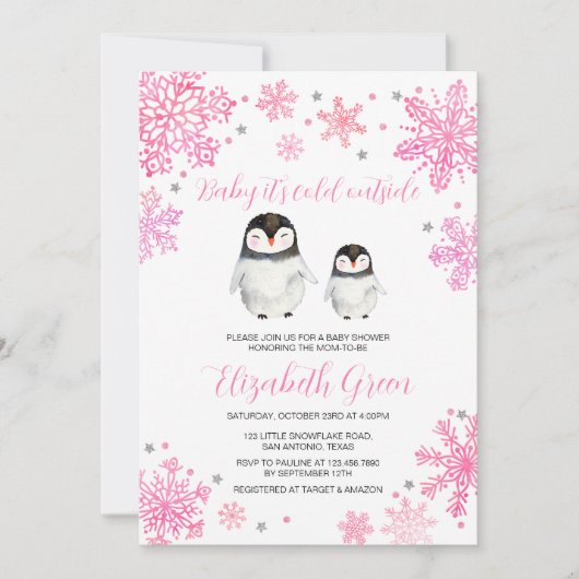 Roze Winterpinguïn Baby shower Kaart (Voorkant)