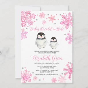 Roze Winterpinguïn Baby shower Kaart