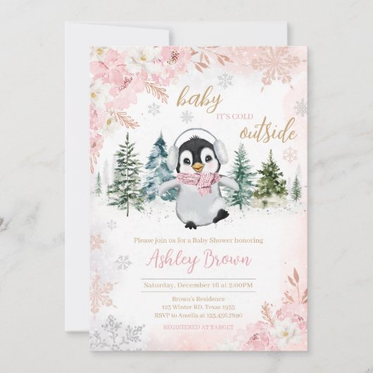 Roze Winterpinguïn Baby shower Kaart (Voorkant)