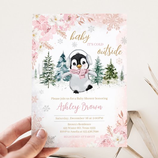 Roze Winterpinguïn Baby shower Kaart