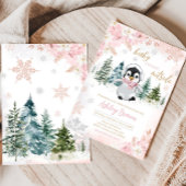 Roze Winterpinguïn Baby shower Kaart