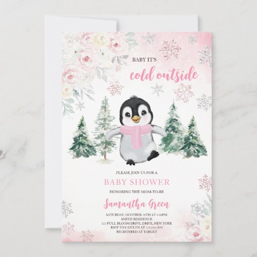 Roze Winterpinguïn Baby shower Kaart (Voorkant)