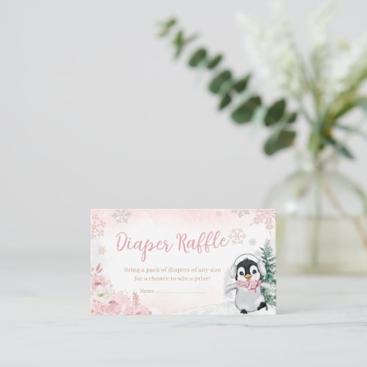 Roze Winterpinguïn Baby shower Luier Raffle Informatiekaartje (Staand voorkant)